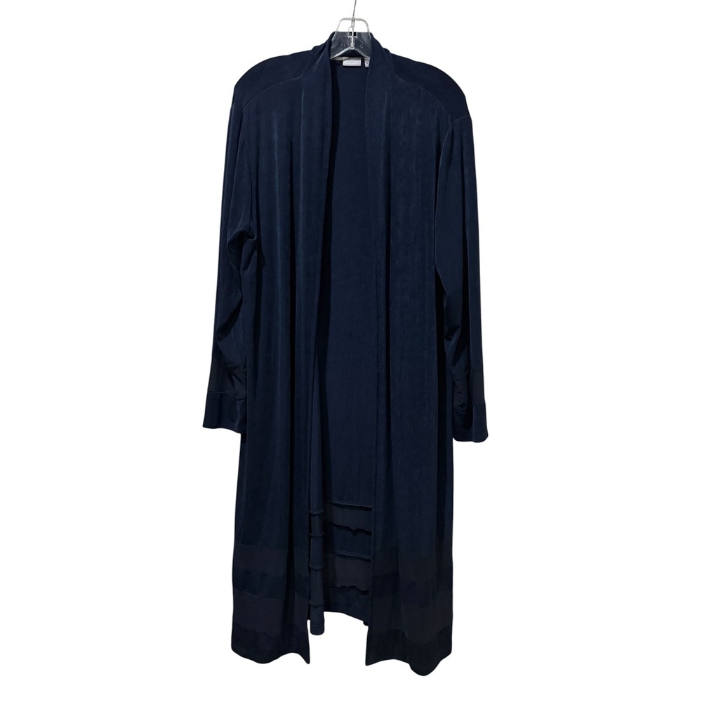 Chicos Travelers Navy Blue Duster Cardigan Mesh Trim Open Front Size 3 XL 16/18